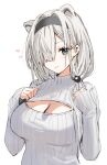  1girl alternate_costume animal_ears arknights aurora_(arknights) bear_ears black_headband blue_eyes blush breasts cleavage commentary hair_over_one_eye headband heart highres horn/wood large_breasts long_hair looking_at_viewer meme_attire open-chest_sweater ribbed_sweater simple_background smile solo sweater upper_body white_background white_hair white_sweater white_theme 