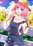  1boy blue_sky blush catherine:_full_body catherine_(game) flower green_eyes hat highres holding indoors male_focus open_mouth otoko_no_ko overalls pink_hair rin_(catherine) short_hair sky smile solo sunflower vannila_tea-er 