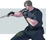  1boy absurdres belt black_belt black_gloves black_pants black_shirt brown_hair curtained_hair fighting_stance fingerless_gloves gloves highres holding holding_knife holding_weapon knife knife_sheath leon_s._kennedy male_focus muscular muscular_male on_(isk1812) pants resident_evil resident_evil_4 resident_evil_4_(remake) sheath shirt short_hair solo watch weapon wristwatch 