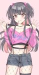  1girl bare_shoulders black_hair blunt_bangs blush bow breasts brown_eyes candy chocho_(homelessfox) cleavage clothes_pull collarbone cowboy_shot crop_top cropped_shirt cross cross_earrings denim dot_nose earrings eating fishnets food hair_bow hands_up idolmaster idolmaster_shiny_colors jewelry lollipop long_hair long_sleeves looking_at_viewer mayuzumi_fuyuko medium_breasts midriff mouth_hold multicolored_hair navel necklace off-shoulder_shirt off_shoulder pink_background pink_hair pink_shirt print_shirt ring shirt simple_background smile solo suspenders two_side_up 