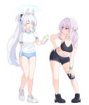  2girls animal_ears black_footwear black_shorts blue_archive blue_buruma blue_halo blush bottle breasts buruma cleavage closed_eyes clov3r collarbone fake_animal_ears grey_hair gym_shirt gym_uniform halo highres holding holding_bottle large_breasts long_hair medium_breasts miyako_(blue_archive) multiple_girls navel open_mouth original ponytail purple_hair rabbit_ears shirt shoes short_sleeves shorts simple_background smile sneakers twintails water_bottle white_background white_footwear white_hair white_shirt yellow_eyes 