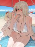  2girls adjusting_eyewear ahoge beach_umbrella bikini blue_sky breasts cleavage closed_eyes closed_mouth cloud cloudy_sky crotch_seam day florida-chan_(ryusei_hashida) hair_ornament hair_scrunchie half-closed_eyes highres knee_up large_breasts long_hair looking_at_viewer miami-chan_(ryusei_hashida) multiple_girls navel original outdoors red_scrunchie ryusei_hashida sand scrunchie shade sky smile sunglasses swimsuit thighs umbrella very_long_hair white_bikini 