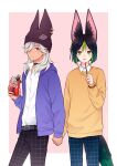  2boys animal_ear_fluff animal_ears belt black_hair black_pants blue_pants cyno_(genshin_impact) dark-skinned_male dark_skin earrings food fox_boy fox_ears fox_tail genshin_impact green_eyes green_hair grey_hair hair_between_eyes hat hat_with_ears holding holding_food holding_pocky hood hooded_jacket jacket jewelry long_hair long_sleeves male_focus multicolored_hair multiple_boys orange_sweater pants pocky pocky_day purple_hood purple_jacket red_eyes shirt short_hair streaked_hair sweater tail tighnari_(genshin_impact) twinayaume watch white_shirt 