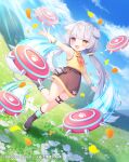  1girl :d animal_ears armpits black_footwear blue_sky blue_socks bone_hair_ornament boots brown_skirt cartoon_bone character_request cloud commentary_request day dog_ears dog_girl dog_tail flower grey_hair hair_ornament heterochromia highres komachi_pochi long_hair low_twintails mountain official_art outdoors outstretched_arm petals purple_eyes shirt skirt sky sleeveless sleeveless_shirt smile socks solo spikes standing standing_on_one_leg tail twintails very_long_hair vividz white_flower yellow_eyes yellow_shirt 