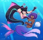  2girls breasts bubble crossed_arms han_juri highres kujikawaii menat mermaid monster_girl multiple_girls purple_hair short_hair smile street_fighter teeth water 