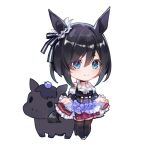  1girl animal_ears black_hair black_thighhighs blue_eyes breasts chibi commentary_request creature_and_personification detached_sleeves dirndl ear_scrunchie eishin_flash_(racehorse) eishin_flash_(umamusume) full_body gassan_aya german_clothes hair_between_eyes highres horse horse_ears horse_girl horse_tail large_breasts scrunchie shirt short_hair simple_background tail thighhighs umamusume white_background white_scrunchie white_shirt 