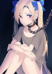  1boy akagi_kurage black_background blonde_hair blue_bow blue_eyes blush bottomless bow chain chain_leash closed_mouth grey_shirt highres leash long_hair male_focus original otoko_no_ko shirt simple_background sitting solo twintails 