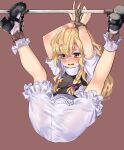  1girl ankle_cuffs arms_up bdsm blonde_hair bloomers blush bondage bound bow braid chain frilled_socks frills gunnjou_yosio hair_bow highres horizontal_bar kirisame_marisa legs_up long_hair no_headwear no_pants open_mouth purple_bow restrained rope shirt shoes short_sleeves single_braid socks solo suspension sweat tearing_up touhou underwear white_bloomers yellow_eyes 