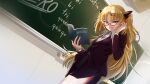 1girl akatsuki_uni ankoku_kishi_m black_suit blonde_hair book chalkboard collared_shirt cowboy_shot dutch_angle fang flat_chest glasses glint hair_ornament hair_tucking highres holding holding_book latin_text long_hair looking_at_viewer looking_down parted_bangs pencil_skirt red-framed_eyewear red_eyes shirt side_slit skirt solo suit teacher two_side_up uni_create vampire very_long_hair virtual_youtuber white_shirt 