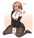  1girl absurdres black_footwear black_jacket blush bound bound_wrists brown_eyes brown_hair business_suit gintm highres jacket name_tag office_lady pantyhose saliva shirt suit thick_thighs thighs white_shirt 