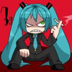  1girl 39 angry aqua_hair aqua_necktie bags_under_eyes black_footwear black_jacket black_pants cigarette formal green_eyes grimace hatsune_miku holding holding_cigarette jacket necktie norisuke_(nori16327) pants red_background shirt sitting solo spread_legs suit toon_(style) vocaloid white_shirt 