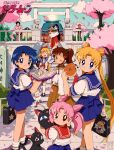  6+girls aino_minako bendedede bishoujo_senshi_sailor_moon blonde_hair blue_sailor_collar book brown_hair chibi_usa earrings highres hino_rei jewelry kino_makoto luna_(sailor_moon) mizuno_ami multiple_girls one_eye_closed outdoors pink_hair sailor_collar sailor_venus short_hair smile star_(symbol) temple tree tsukino_usagi 