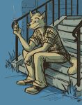  2019 anthro bottomwear canid canine canis cigarette clothed clothing eyebrows facial_piercing footwear fully_clothed fur half-closed_eyes head_tuft holding_cigarette holding_object mammal modestwolf narrowed_eyes nose_piercing nose_ring pants piercing ring_piercing shirt shoes signature sitting skurvy solo stairs topwear tuft wolf 