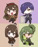  2boys 2girls :d ahoge beer_bottle black_necktie black_pants black_skirt black_vest blue_eyes blush book book_stack brooch brown_coat brown_eyes brown_hair brown_ribbon chibi coat collared_shirt commentary_request folded_ponytail frilled_sleeves frills green_coat green_hair green_ribbon hair_ornament hair_over_one_eye hairband hairclip hand_on_own_cheek hand_on_own_face hand_on_own_hip hand_to_own_mouth hod_(project_moon) jewelry library_of_ruina long_hair long_sleeves malkuth_(project_moon) multiple_boys multiple_girls nagi_(calmlac) neck_ribbon necktie netzach_(project_moon) no_nose nose_blush open_clothes open_coat open_mouth orange_brooch outline pants pantyhose project_moon purple_brooch purple_coat purple_hair red_hairband ribbon shirt short_hair sitting skirt smile v-shaped_eyebrows vest white_outline white_pantyhose white_shirt yellow_brooch yellow_eyes yesod_(project_moon) 