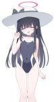  1girl :d ^_^ absurdres bare_arms bare_shoulders black_bow black_choker black_hair black_one-piece_swimsuit blue_archive blush bow breasts character_request choker closed_eyes collarbone commentary_request covered_navel facing_viewer feet_out_of_frame flat_chest groin halo hand_up hat hat_bow highres jyt long_hair one-piece_swimsuit simple_background small_breasts smile solo standing sun_hat swimsuit very_long_hair white_background white_headwear 