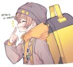  1boy backpack bag beanie blonde_hair blush closed_eyes crescent desuhiko_thunderbolt grey_headwear grey_jacket hand_up hat highres hood hood_down hoodie jacket long_sleeves male_focus master_detective_archives:_rain_code natto_rain pointing profile short_hair simple_background smile solo star_(symbol) translation_request upper_body white_background yellow_bag yellow_hoodie 