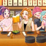  ahoge alcohol beer_mug blush bright_pupils brown_shirt closed_eyes cup drinking_glass drunk earrings frilled_sleeves frills green_hair hagoromo_lala hair_ornament hairclip holding holding_cup hoshina_hikaru hyuuga_saki indoors izakaya jewelry kibou_no_chikara_~otona_precure_&#039;23~ leaning_on_person looking_at_another mishou_mai monster_rally mug natsuki_rin necklace open_mouth orange_eyes orange_hair out_of_frame plate purple_eyes purple_hair shirt short_hair shot_glass smile sparkle sweatdrop white_pupils white_shirt x_hair_ornament 