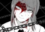  1girl black_background blood blood_on_face chain chainsaw_man commentary_request greyscale head_tilt highres long_hair makima_(chainsaw_man) monochrome portrait shirt sidelocks solo zovokia 