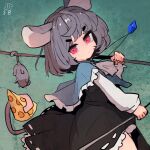  1girl animal animal_ears black_dress blue_capelet capelet cheese closed_mouth dated dress food grey_hair long_sleeves maaru_(akira428) mouse mouse_ears mouse_tail nazrin one-hour_drawing_challenge red_eyes short_hair signature solo tail touhou 