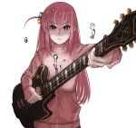  absurdres bocchi_the_rock! electric_guitar gibson_les_paul gotoh_hitori guitar hh_(hehexd06161704) highres holding holding_guitar holding_instrument instrument jacket kagurabachi looking_at_viewer parody pink_hair pink_jacket pink_track_suit side_ahoge track_jacket 