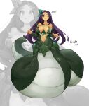  1girl absurdres blush breasts closed_mouth fingernails full_body green_nails green_scales hair_ornament highres lamia large_breasts long_hair looking_at_viewer monster_girl navel one_eye_closed original purple_eyes scales shitoi_(aqua1487) translation_request variations white_background zoom_layer 