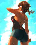  1girl absurdres ass back black_hair blue_sky breasts commentary_request cowboy_shot dark_skin denim denim_shorts from_behind highres looking_at_viewer pokemon pokemon_(game) pokemon_oras ponytail red_eyes rivolberdragon shorts sky smirk sweat zinnia_(pokemon) 