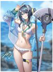  1girl absurdres ahoge arknights arm_up bare_shoulders bikini black_hair blue_jacket blue_sky breasts cloud commentary_request cowboy_shot day goggles goggles_around_neck grey_eyes grin hair_intakes highres holding jacket la_pluma_(arknights) la_pluma_(summer_flowers)_(arknights) lanyard long_hair looking_at_viewer navel off_shoulder open_clothes open_jacket sky small_breasts smile solo standing stomach swimsuit thigh_strap thighs wangqi white_bikini 