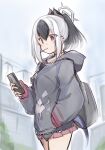  1girl absurdres bag blush brown_eyes cellphone character_request closed_mouth commentary_request copyright_request cowboy_shot earrings grey_hair hair_between_eyes hand_in_pocket highres holding holding_phone hood hood_down hooded_jacket jacket jewelry kurokaze_no_sora long_hair long_sleeves looking_at_phone looking_away miniskirt multicolored_hair outdoors phone ponytail sidelocks skirt sky sleeves_past_wrists smartphone solo two-tone_hair 