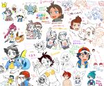  2girls 5boys ash_ketchum banana blue_eyes blue_vest blush blush_stickers borrowed_clothes character_print chloe_(pokemon) cinderace collarbone commentary_request danika_(pokemon) ditto eevee food fruit fuecoco goh_(pokemon) grey_shirt grin grookey hat heart highres hodge_(pokemon) horace_(pokemon) multiple_boys multiple_girls multiple_views musical_note open_mouth partially_colored pikachu pokemon pokemon_(anime) pokemon_journeys pokesumomo purple_eyes quillon_(pokemon) raboot red_headwear school_uniform sharp_teeth shinx shirt short_sleeves slowpoke smile sobble sparkle teeth vermilion_city_school_uniform vest w white_background white_shirt yellow_shirt 