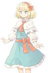 1girl alice_margatroid arnest blonde_hair blue_dress blue_eyes blush capelet closed_mouth dress feet_out_of_frame hairband highres lolita_hairband long_sleeves red_hairband short_hair simple_background smile solo touhou white_background white_capelet 