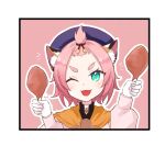  1girl ;d animal_ear_fluff animal_ears bangs_pinned_back beret black_border blue_eyes border cat_ears chicken_leg diona_(genshin_impact) food forehead genshin_impact hands_up hat highres holding holding_food long_sleeves looking_at_viewer mtkignsn one_eye_closed outline pink_background pink_hair pink_shirt puffy_long_sleeves puffy_sleeves purple_headwear shirt short_eyebrows smile solo thick_eyebrows white_outline 