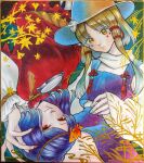  2girls blonde_hair blue_hair bow branch breasts brown_headwear drooling facial_tattoo fingernails frilled_shirt frilled_shirt_collar frilled_sleeves frills frog_girl green_background green_nails hair_bow hair_ornament hand_up hat highres horizontal_pupils large_breasts layered_sleeves leaf leaf_hair_ornament leaf_on_head leaf_print long_hair long_sleeves looking_at_viewer medium_hair mirror moriya_suwako multiple_girls nail_polish purple_skirt purple_vest red_bow red_eyes red_nails red_shirt rope rope_belt saliva sharp_fingernails shirt sidelocks simple_background skirt sleeves_past_wrists slit_pupils smile sweater tattoo thighhighs touhou turtleneck turtleneck_sweater vest white_shirt white_sweater white_thighhighs whoru wide_sleeves wristband yasaka_kanako 