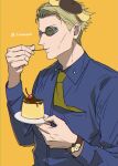  1boy animal_ears beret blonde_hair blue_shirt character_hat collared_shirt dog_ears eating food goggles hat holding holding_plate jujutsu_kaisen long_sleeves male_focus nanami_kento necktie necktie_in_pocket plate pompompurin pudding sano_maru sanrio shirt short_hair solo upper_body watch wristwatch yellow_necktie 