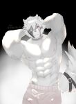  2023 abs anthro areola bottomwear canid canine canis clothing dobbodob_69 eye_patch eyewear flexing fur hair hi_res male mammal mihoyo muscular muscular_anthro muscular_male pants solo tail von_lycaon white_body white_fur wolf zenless_zone_zero 