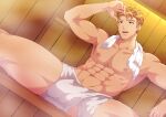  abs absurdres bara blonde_hair camp_buddy covered_penis feet_out_of_frame green_eyes highres indoors light_smile mikkoukun nagira_yoshinori nipples open_mouth pectorals sauna white_towel wooden_bench wooden_wall 