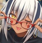  1girl bespectacled blue_hair casual dark-skinned_female dark_skin earrings facial_mark fate/grand_order fate_(series) fingernails glasses highres hoop_earrings jewelry multicolored_hair nitocris_alter_(fate) one_eye_closed particle_sfs ribbed_shirt shirt streaked_hair tongue tongue_out white_hair yellow_eyes 