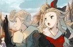  1boy 2girls ahoge blonde_hair blue_eyes bow bravely_default:_flying_fairy bravely_default_(series) earrings edea_lee elbow_gloves gloves hair_bow highres jewelry long_hair multiple_girls nanpou_(nanpou0021) open_mouth ringabel smile 