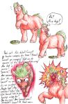  baby_talk blood bodily_fluids dialogue dragonixa english_text explosive_mines explosives feral fluffy_pony fur gore green_eyes green_hair hair hi_res male orange_body orange_fur simple_background solo text white_background 