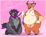  2018 absurd_res anthro antlers belly big_belly bowbowbowie canid canine collar deek_(dafoxboy) deer digital_media_(artwork) duo fur grey_fur_grey_body hair hi_res hooves horn hyena intersex intersex/male leash male mammal moobs navel obese obese_anthro obese_male orange_body orange_fur overweight overweight_anthro overweight_male paws ray_the_buck simple_background spotted_hyena thick_thighs 