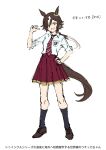  1girl :d animal_ears black_socks brown_footwear brown_hair collared_shirt commentary_request diagonal-striped_necktie full_body hair_over_one_eye hand_on_own_hip highres horse_ears horse_girl horse_tail kneehighs multicolored_hair nayuta_ggg necktie pleated_skirt pointing pointing_at_self purple_skirt red_necktie shirt shoes short_sleeves simple_background sketch skirt smile socks solo streaked_hair tail translation_request umamusume v-shaped_eyebrows vodka_(umamusume) white_background white_hair white_shirt 