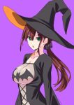  1girl breasts brown_hair chinatsu_(suzutsuki_kurara) commentary green_eyes halloween halloween_costume hat highres large_breasts long_hair open_mouth original ponytail purple_background shiny_skin simple_background suzutsuki_kurara witch_hat 