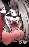  absurd_res anthro black_nose bodily_fluids canid canid_demon canine demon digital_media_(artwork) drooling fangs female foreshortening fur hair hellhound helluva_boss hi_res long_tongue looking_at_viewer loona_(helluva_boss) lrhr mammal mouth_shot open_mouth perspective piercing red_sclera saliva saliva_string simple_background solo teeth throat tongue tongue_out white_body white_fur 