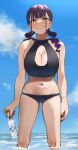  1girl black_nails blue_sky bottle bracelet breasts cleavage_cutout clothing_cutout drill_hair earrings heart heart_earrings highres igarashi_kyouhei jewelry large_breasts mole mole_under_eye nail_polish navel original outdoors partially_submerged purple_hair red_eyes sky smile solo stomach swimsuit twin_drills younger_cousin_(igarashi_kyouhei) 