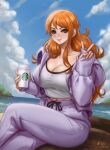  1girl blue_sky breasts brown_eyes cleavage closed_mouth cloud collarbone crossed_legs cup day disposable_cup drawstring holding holding_cup jacket kyopink large_breasts lips long_hair looking_at_viewer midriff_peek nami_(one_piece) ocean one_piece orange_hair outdoors pants purple_jacket purple_pants sitting sky smile solo starbucks v very_long_hair 