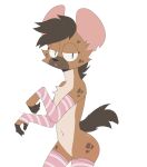  2022 anthro brown_body brown_fur cheek_tuft chest_tuft clothing digital_media_(artwork) facial_tuft featureless_crotch fur hi_res hyena legwear looking_at_viewer mammal mangoyena mostly_nude navel simple_background solo thigh_highs tuft white_background 