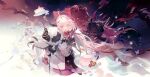  anke_(wuthering_waves) bow cake cake_slice candy cupcake food hair_bow highres horns looking_at_viewer low_twintails pink_eyes pink_hair pudding rabbit ribbon satonishi sheep smile sweets twintails wuthering_waves 