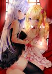  2girls babydoll bare_arms bare_shoulders black_panties black_thighhighs blonde_hair blurry blurry_background bow breasts brown_eyes cleavage closed_mouth collarbone commentary_request curtains depth_of_field grey_hair hair_bow highres holding_hands lace-trimmed_legwear lace_trim long_hair looking_at_viewer medium_breasts multiple_girls nail_polish nanase_nao original panties pink_panties purple_eyes red_bow red_nails side-tie_panties sidelocks smile thighhighs twintails underwear underwear_only very_long_hair window yuri 