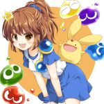  arle_nadja atreetop bangs blue_skirt blush brown_eyes brown_hair carbuncle_(puyopuyo) crown looking_at_viewer madou_monogatari mini_crown open_mouth ponytail puyo_(puyopuyo) puyopuyo skirt smile 