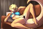  anthro belly_scales blonde_hair bra breasts clothed clothing female furniture hair hi_res lizard looking_at_viewer nipples non-mammal_breasts on_sofa partially_clothed reclining reptile scales scalie sharkcatsg short_hair sofa solo tail tan_body tan_scales thick_tail underwear 