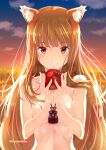  1girl animal_ears apple artist_name breasts brown_hair cloud collarbone completely_nude food fruit highres holo izumi_mahiru long_hair nude red_eyes sky smile solo spice_and_wolf wolf_ears 